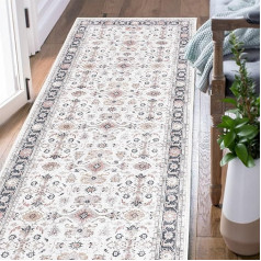 TOPICK Area Rug, Living Room Rug, Vintage Flower Rug, Non-Slip, Foldable, Thin, Washable Runner Flooring for Indoor, Office, Bedroom, Kitchen, 60 x 210 cm, Brown