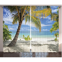 ABAKUHAUS Tropical Rustic Curtain, Palm Tree Coast, Living Room Universal Tape Curtains with Loops and Hooks, 280 x 225 cm, Coconut Blue