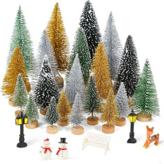 Fuyuleyo Mini-Weihnachtsbaum-Flaschenbürsten-Bäume, Weihnachtsdorf-Sets mit Schneemann, Rentier, Bank, kleine Weihnachtsbäume für Mini-Weihnachtsschmuck, Tischdekoration, Weihnachtskuchendekorationen,
