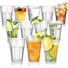 Pack of 12 Reusable Premium Plastic Cups, 420 ml, Unbreakable Transparent Acrylic Cup Glasses, 13.5 oz Stackable Cocktail Glasses, Drinking Cups for Home, Picnic, Dishwasher Safe