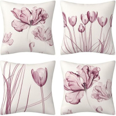 Purple Flower Cushion Covers Art Decorative Cushion Covers 18x18 Inch Linen Couch Cushions for Sofa Bed Living Room Garden Outdoor 45x45cm Set of 4