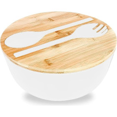 Salad Bowl Serving Cutlery with Chopping Board Lid and Cutlery, Mixing Bowls, for Fruit, Salads and Decoration (White)