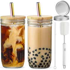 Glass Cups with Bamboo Lids and Straws and 2 Airtight Lids, Reusable Smoothie Cups, Mason Jar, Drinking Glasses, Iced Coffee Cups, Glass Cups for Bubble Tea, Juice, Gift,