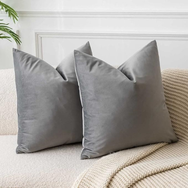 JUSPURBET Grey Velvet Cushion Covers 55 cm x 55 cm Set of 2 for Living Room Couch Sofa Bedroom Decorative Square Solid Soft Cushion Covers with Invisible Zip