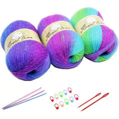 YAMEE 3 Pieces 100 g Hand Knitting Yarn Colour Gradient Wool for Knitting - Crochet Yarn Set with Crochet Hooks - Hand Knitted Weaving Yarn