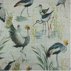 Sold by the Metre Digital Print KT KiloFabric Decorative Fabric - Viscose Linen - 100 cm Length x 280 cm Width | Cranes - Green, Orange, Blue, Yellow ─ 1 Metre