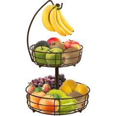 Fruit Stand - 2 Tier Fruit Basket with Banana Holder - Removable Metal Fruit Bowl - Kitchen Standing Fruit Bowls - Decorative Fruit Baskets for Fruit Vegetables Bread Snacks - Bronze