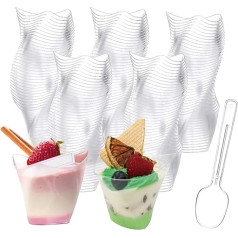 Pack of 50 Plastic Dessert Glasses with Spoons, 130 ml Reusable Dessert Cups Swirl Dessert Cups Dessert Plastic Cups DIY Dessert Cups Small Cup for Ice Cream, Cheesecake, Jelly, Mousse, Party