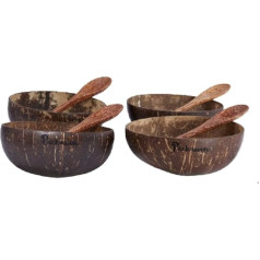 Pack of 4 bowls and 4 spoons | 100% natural | Handmade, polished with coconut oil, durable, lightweight, easy to clean, suitable for vegans | Breakfast, serving, decoration