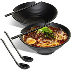 Japanese Ramen Bowl Set of 2 - Elegant 1000ml Ramen Bowls Dishwasher Safe Durable Plastic Noodle Bowl Set - With Matching Spoons & Chopsticks (Black)