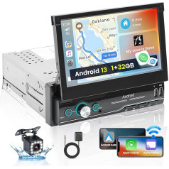 Hikity Android 13 Car Radio 1 DIN Wireless Carplay Android Car 7 Inch Touch Display Car Radio Manual Extendable Screen GPS Navigation WiFi BT FM Radio Reversing Camera