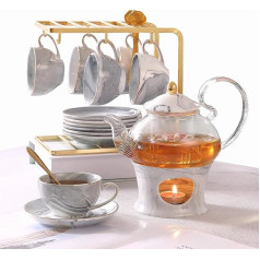 Duejust Adult Small Tea Set, Marble Texture and Golden Trim, Hand Grey Porcelain Tea Party Set for Kids, 1 Glass Teapot (650ml), 6 Cups (120ml), 6 Saucers, 1 Shelf & 1 Warmer