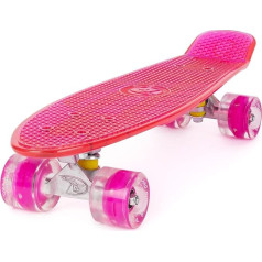 Retro Cruiser Complete Skateboard with Clear 56cm Deck - ABEC-7 Bearings - PU LED Wheels (59mm) Light Up When Movement + Carry Bag - Clear Deck PINK / PINK LED
