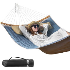 Bathonly Large Outdoor Hammock for 2 People, 3 m Double Hammock, Quilted Fabric Swing with Foldable, Curved Pole, Removable Cushion, Carry Bag, Maximum Load 204 kg, Denim Blue