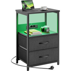 Side Table with LED Lighting, Bedside Table with 2 Drawers, USB Port & Hidden Socket, Sofa Table for Bedroom and Living Room, Black