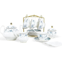 fanquare 21 Piece Porcelain Tea Set for Women, Blue Flower Pattern Coffee Service, Vintage Tea Sets with Coffee Cups and Saucer for 6 People