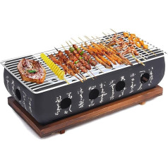 Tissting Japanese BBQ Grill, 36 x 18 x 13 cm Mini Charcoal Table Grill with Grid and Wooden Base, Rectangular Portable Japanese Charcoal Oven, Camping Stove for Yakiniku, Takoyaki, Eel Teriyaki