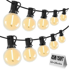 LED Fairy Lights Outdoor Power - G40 45 m 58 + 2 Bulbs Weatherproof Balcony Fairy Lights Outdoor IP44 Waterproof Outdoor Fairy Lights Power Operated for Indoor Outdoor Garden Patio (45 m 58+2)