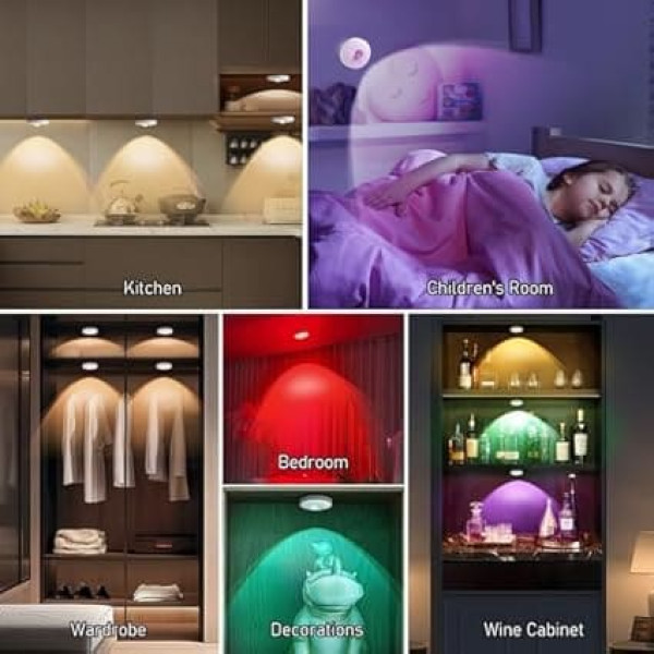 Under-Unit Lights Kitchen Set of 6, USB Rechargeable RGB LED Spot Battery with Remote Control, Wireless Cabinet Lighting & Display Cabinet Lighting LED, Dimmable, Timer, 16 Colours, Magnetic Indirect