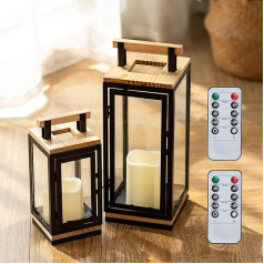 NUPTIO Lantern with Timer for Candles Wood: 34 x 23.5 cm LED Candles Lantern Set Black Metal Outdoor Wooden Lantern Candle Lantern Outdoor Christmas Grave Lantern Cemetery Weatherproof Garden Lantern
