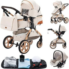Pram 3-in-1, Foldable Pram with Changing Bag, Complete Set Cup Holder, Mosquito Net, Foot Cover, Seat Accessories (5 Cream)