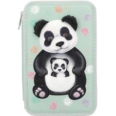 Depesche 12786 TOPModel Wild - Filled 3-Compartment Pencil Case in Mint Green with Panda Appliqué, Pencil Case with Coloured Pencils, Ruler, Scissors and Much More
