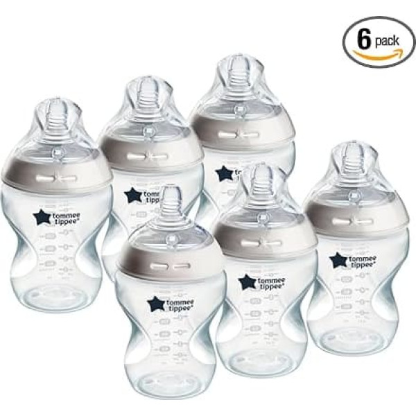 Tommee Tippee - Natural Start Anti-Colic Baby Bottles 260 ml, Breast-like Teat, Anti-Colic Valve, Self-Sterilising, Accessories, Pack of 6