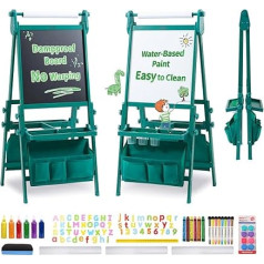 FUNLIO Foldable Anti-Warping Kids Art Easel, 3 Height Adjustable for Children Aged 3-8, Easel with Paper Roll, Easel with Magnetic Chalkboard/Whiteboard - Green Foldable