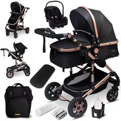 Florida 3-in-1 Complete Set with Car Seat - Baby Stroller TÜV - Combination Pram Complete Set Full Rubber Tyres - Changing Bag Black/Gold