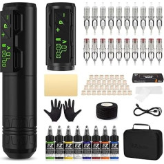 EZ Tattoo Machine Set - Tattoo Set with Wireless Tattoo Machine, 1800 mAh Power Supply Battery, 20 Pieces Tattoo Needles and 8 Colours Inks for Tattoo Beginners and Artists (P2S Black)