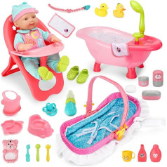Baby Doll Accessory Set with Dolls, Dummies, Bath Accessories for Baby and Toddler Dolls, Water Press Bathtub, Doll Toys for Feeding and Fashion, Doll Clothes and Shoe Set, 25 Pieces Set