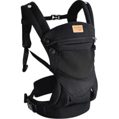 Baby Carrier for Newborns from Birth, Soft Breathable Baby Carrier with Adjustable Waist Belt, Shoulder Strap and Hood, Black Baby Carrier Front and Rear Carry for Babies 4-16 kg
