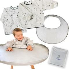 HELLO HIPPO® Bib Set and Learning Tray Waterproof Grey Patterned for Baby High Chair - Bib + Learning Tray with Suction Cup - Bib with Sleeves for Feeding, Painting, Drawing, ['Gray']