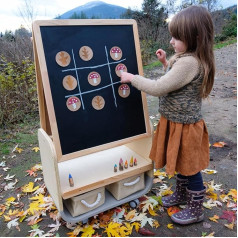 BanaSuper Rolling Easel for Kids, Height Adjustable Wooden Painting Easel for Toddlers, Double Sided Chalk and Drawing Whiteboard with Lockable Wheels and Storage Basket (Grey)