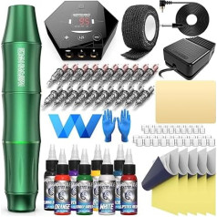 Tattoo Kit, Wormhole Tattoo Gun Kit, Tattoo Pen Kit, Rotary Tattoo Machine Kit with Power Supply, 20 Cartridge Needles, 8 Tattoo Ink Complete Tattoo Kit for Beginners Tattoo Artists WTK106