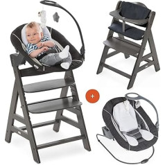 hauck Alpha Plus Newborn Set Deluxe - Baby Wooden High Chair from Birth with Reclining Function - Includes Attachment for Newborns and Seat Cushion - Grows with Your Child - Adjustable - Charcoal Grey