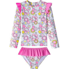Hello Kitty Baby Girl Rash Guard Swim Set, 2-Piece, Floral Pattern, UPF 50+ Protection, Crew Neck, Ruffle Detail (US, Numeric, 10, Regular, Pink & Yellow Floral), white/pink