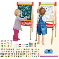 Children's Wooden Board with Paper Roll, Double-Sided Whiteboard and Board, Children's Easel with Numbers and Other Accessories for Children and Toddlers