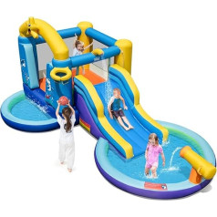 GOPLUS Inflatable Bouncy Castle, Giant Play Castle with Slide, Basketball Hoop and Pool, Inflatable Play Paradise for Outdoor Garden, with Ground Stakes, Repair Kit, Carry Bag (Starfish, with Blower)
