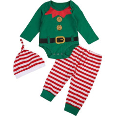 Newborn Baby Girls Boys Christmas Elf Outfit Long Sleeve Romper Playsuit Striped Trousers Hat 3-Piece Toddler Unisex First 1st Christmas Party Clothing Set Photo Shooting 0-18 Months