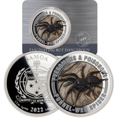 Venomous & Poisonous Funnel Web Spider Samoa 2022 $1 1/2 oz Pure Silver Coin