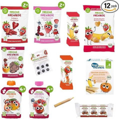 FRECHE FREUNDE Organic Tasting Pack, 12 Different Fruit and Vegetable Snacks for Squeezing, Nibbling & Crisping, Includes Wiggly Eyes, 100% Organic & No Sugar or Salt Added, 1 x Package = 12 Products,