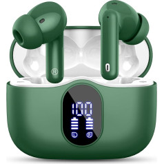 Bluetooth Headphones, Wireless Bluetooth 5.3 Sport In Ear, with 4 Microphones, 40 Hours Playtime, LED Display, ENC Noise Reduction, HiFi Stereo Earphones for Work and Study, Green Earbuds