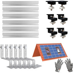 Solar Bracket Tile Roof Set, Aluminium Profile and Photovoltaic Roof Hook, Solar Module Bracket Tile Roof Black, Adjustable Clamps for Module Thickness 30-35 mm (2 Modules)