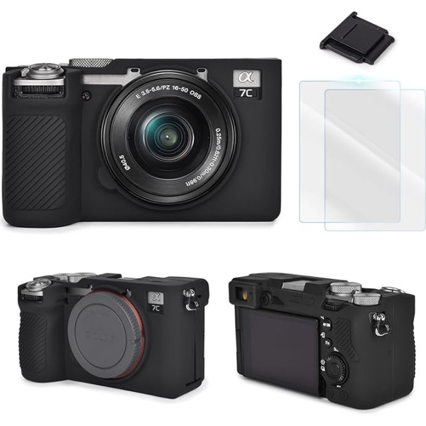 Camera Accessory Kit Compatible with Sony Alpha 7C II Silicone Case Black LCD Screen Protector 2 Packs 1 Hot Shoe Cover