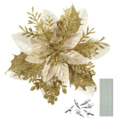 Toddmomy 12 Pcs Artificial Poinsettia with Glitter Artificial Christmas Flowers for Christmas Wreath Christmas Tree Decorations with 12 Stems and Clips (Gold)