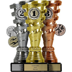 Pokal-Fabrik.de Trophy Set of 3 with Engraving of Your Choice of Text in Gold, Silver and Bronze - Personalised Trophy with Sports Emblem of Choice - 15.5 cm Including Marble Base - Gift Trophy |
