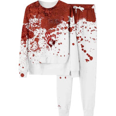 Women's Leisure Suit Set, Pullover and Long Trousers, Sweatshirt Suit, Bloody Horror Tracksuit, 2-Piece Crew Neck Tracksuit Set, Casual Loose Leisure Suit, Fashionable Halloween Sports Outfit, Running