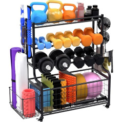 NAIZY Home Gym Equipment Dumbbell Stand Multifunctional Weight Plate Stand with 4 Wheels and Hooks and Shelves, Dumbbell Rack for Yoga Mat Kettlebells Dumbbells Dumbbell Stand, Max. 400 lbs
