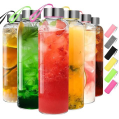 GoldArea Glass Water Bottles with Sleeve, 6 Packs of 530 ml, Glass Bottles with Lids Ideal for Juice, Juice Cleaning and Reusable Juice Bottles, Wide Mouth Containers for Liquids, for